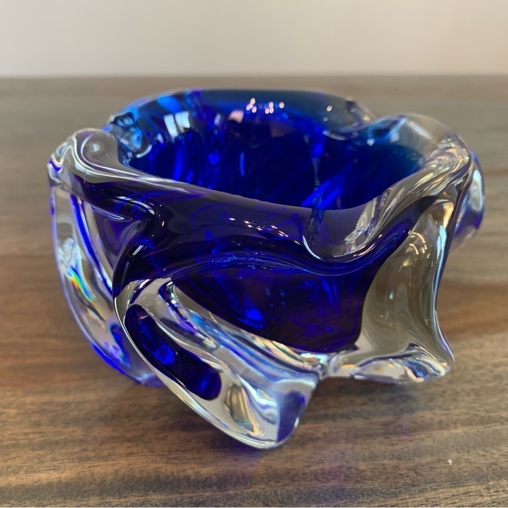 Art Glass Ashtray Decorative Bowl Clear Blue Waves Vintage Clear Bottom